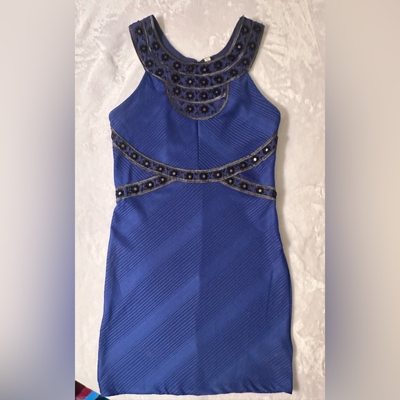 Free People blue stretchy small dress. Black & silver detail. EUC. - Picture 2 of 10